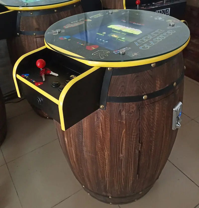 Beer-barrel-cocktail-arcade-game-machine-table-60-in-1-games-Tomy Arcade